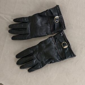Vintage Black Leather Gloves with Gold Buckle